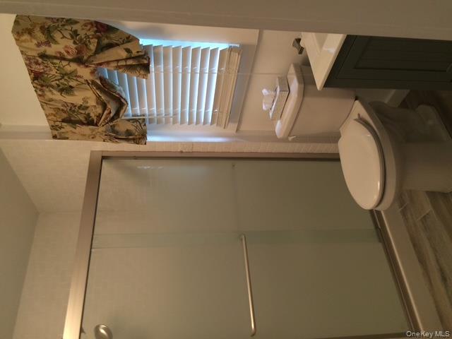 1095 State Rt 17B Mongaup Valley, NY 12762 - Photo 42 of 47 Bathroom with toilet, vanity, a shower stall, and wood finished floors