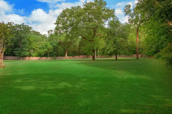 a view of grassy field with benches and trees all around