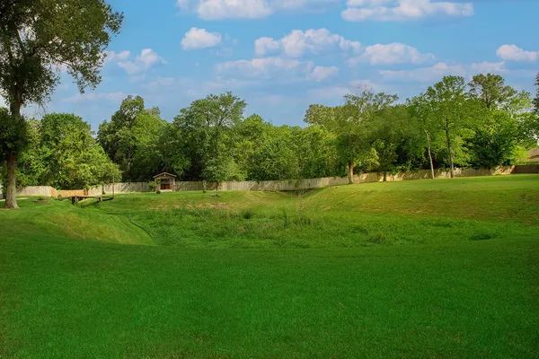 a view of a green field with trees in the background