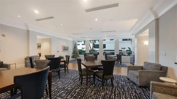 a view of a dining room with furniture