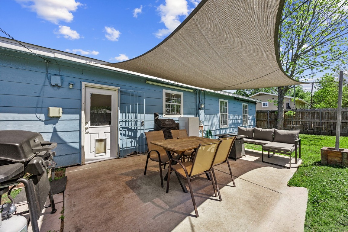 5874 Beldart Street Houston, TX 77033 - Photo 18 of 37 Covered back patio with sunscreen—perfect for relaxing outdoors with added shade and comfort for outdoor dinning or just hanging out with friends and family.