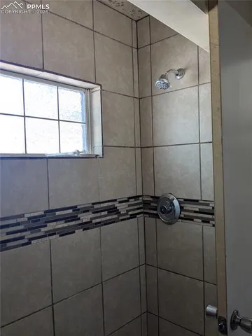 a bathroom with a shower and a toilet