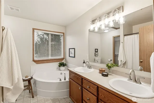 a bathroom with a sink a large mirror and a bathtub
