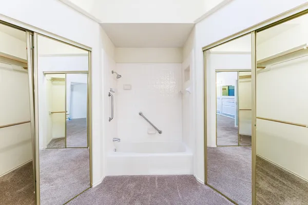 a bathroom with a bathtub and a shower
