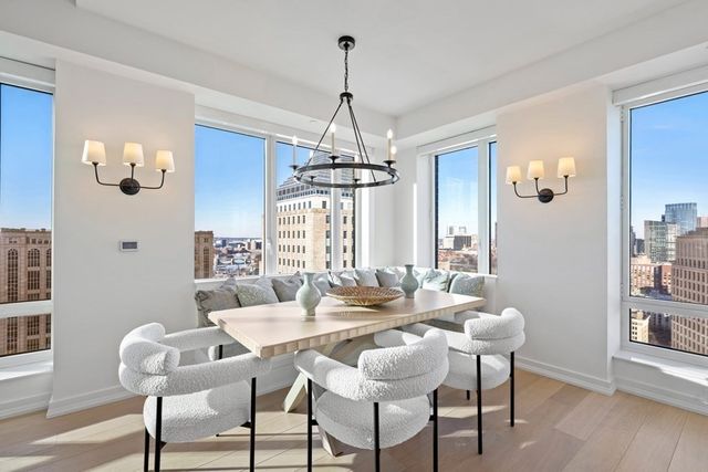 a view of a dining room with furniture window and wooden floor