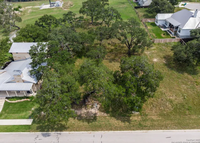 an aerial view of residential houses with outdoor space and trees