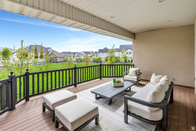 1355 West 1000 South Mapleton, UT 84664 - Photo 32 of 74 Wooden deck featuring outdoor seating, a lawn, and a residential view
