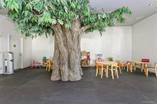 a backyard of a house with table and chairs
