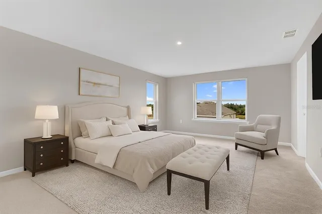 a bedroom with a bed and a couch