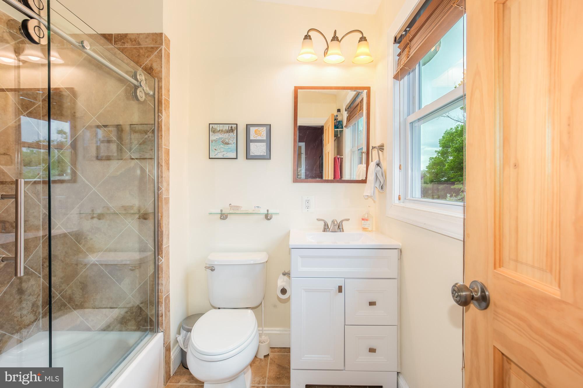 116 V Street Northeast Washington, DC 20002 - Photo 12 of 26 a bathroom with a toilet a sink a mirror and a shower