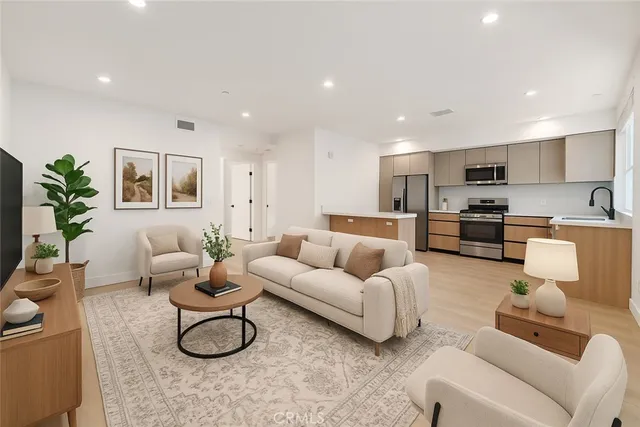 a living room with furniture kitchen view and a potted plant