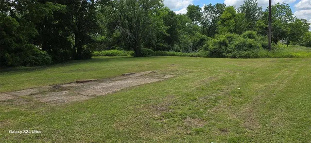a view of a field of grass and trees