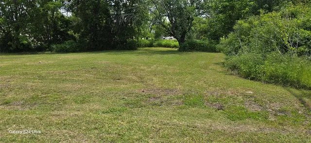 a view of a field with trees in the background