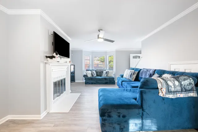 a living room with furniture a flat screen tv and a fireplace