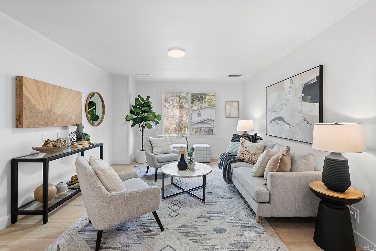 a living room with furniture and a potted plant