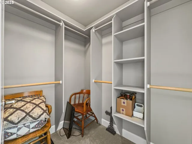 a view of a garage with storage