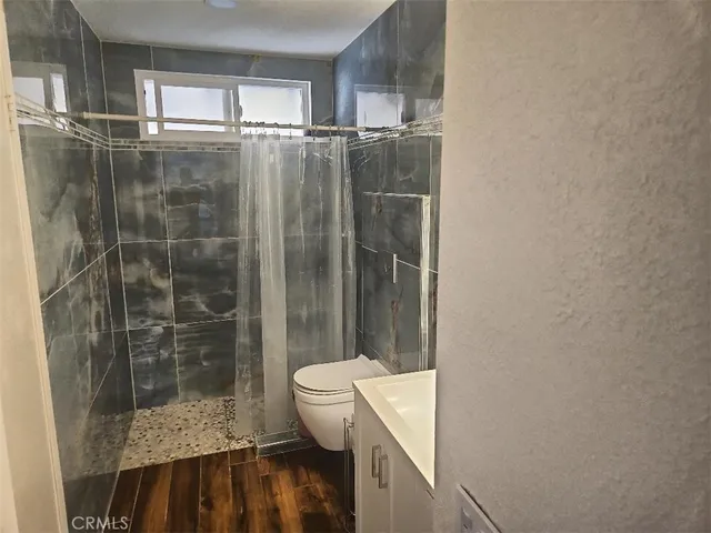 a bathroom with a shower and toilet