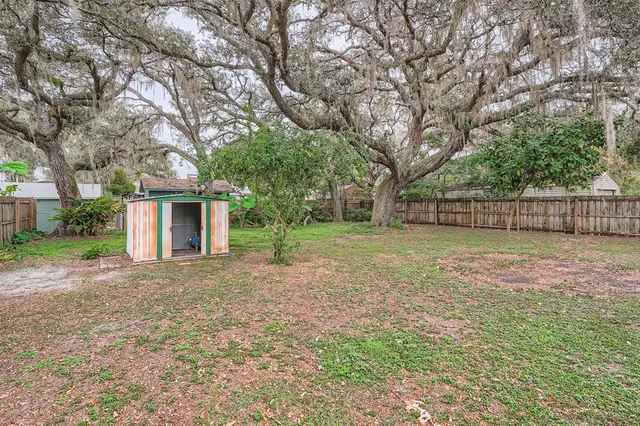 a view of a yard with large tree and wooden fence