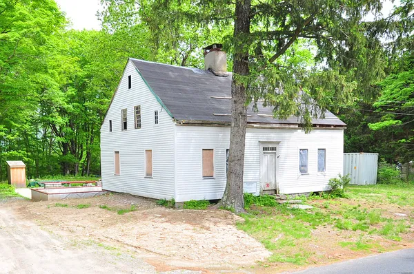 a view of a house with a yard plants and large tree