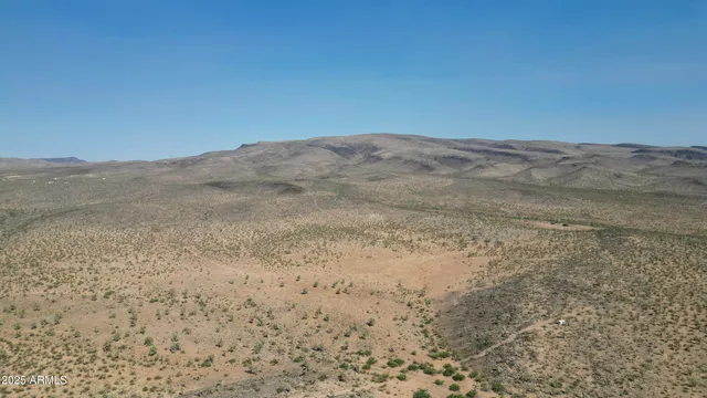 a view of a dry yard with mountains in the background
