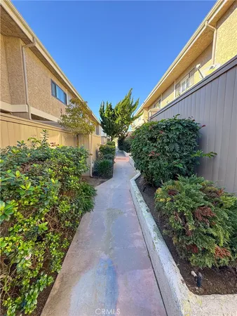 a view of a back yard with flower plants