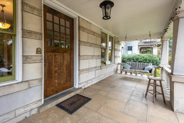 a building outdoor space with seating