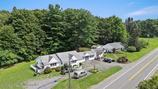 an aerial view of a house with garden