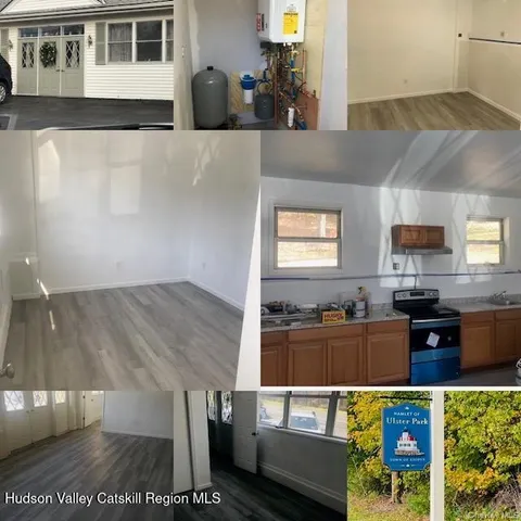 a kitchen view with wooden cabinets and a dining table