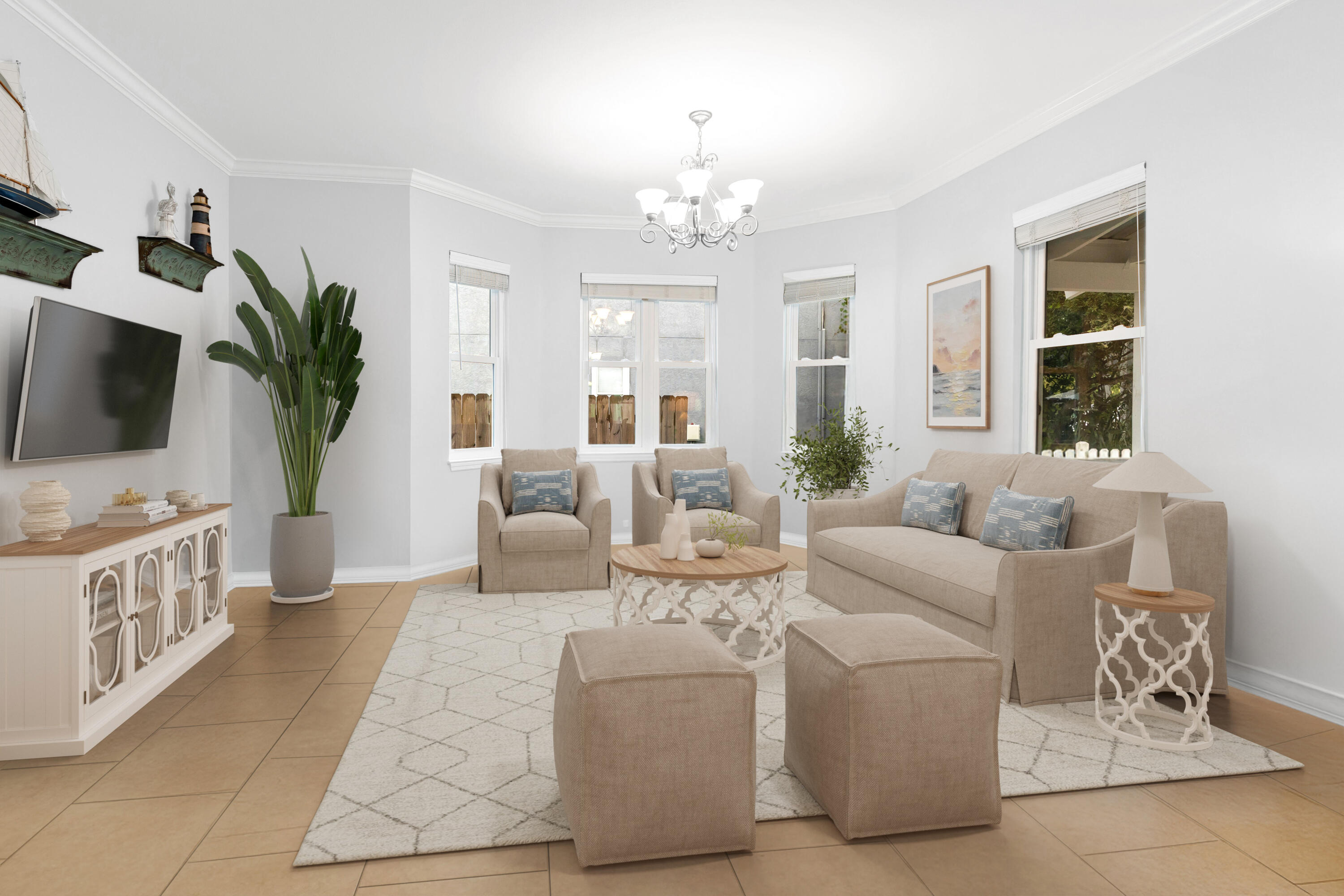 57 Pelayo Avenue Santa Rosa Beach, FL 32459 - Photo 4 of 43 a living room with furniture a large window and a flat screen tv