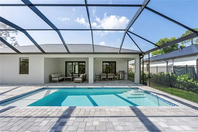 a house view with swimming pool in front of it