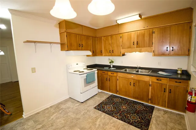a kitchen with a sink a stove and refrigerator