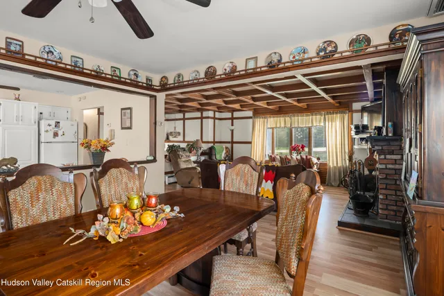 a view of a dining room with furniture