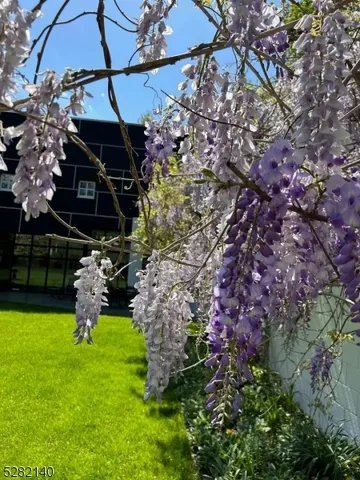 a view of a patio with garden and furniture