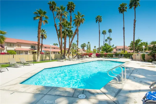 a view of a swimming pool with a lawn chairs under palm trees