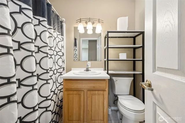a bathroom with a sink a toilet and shower curtain