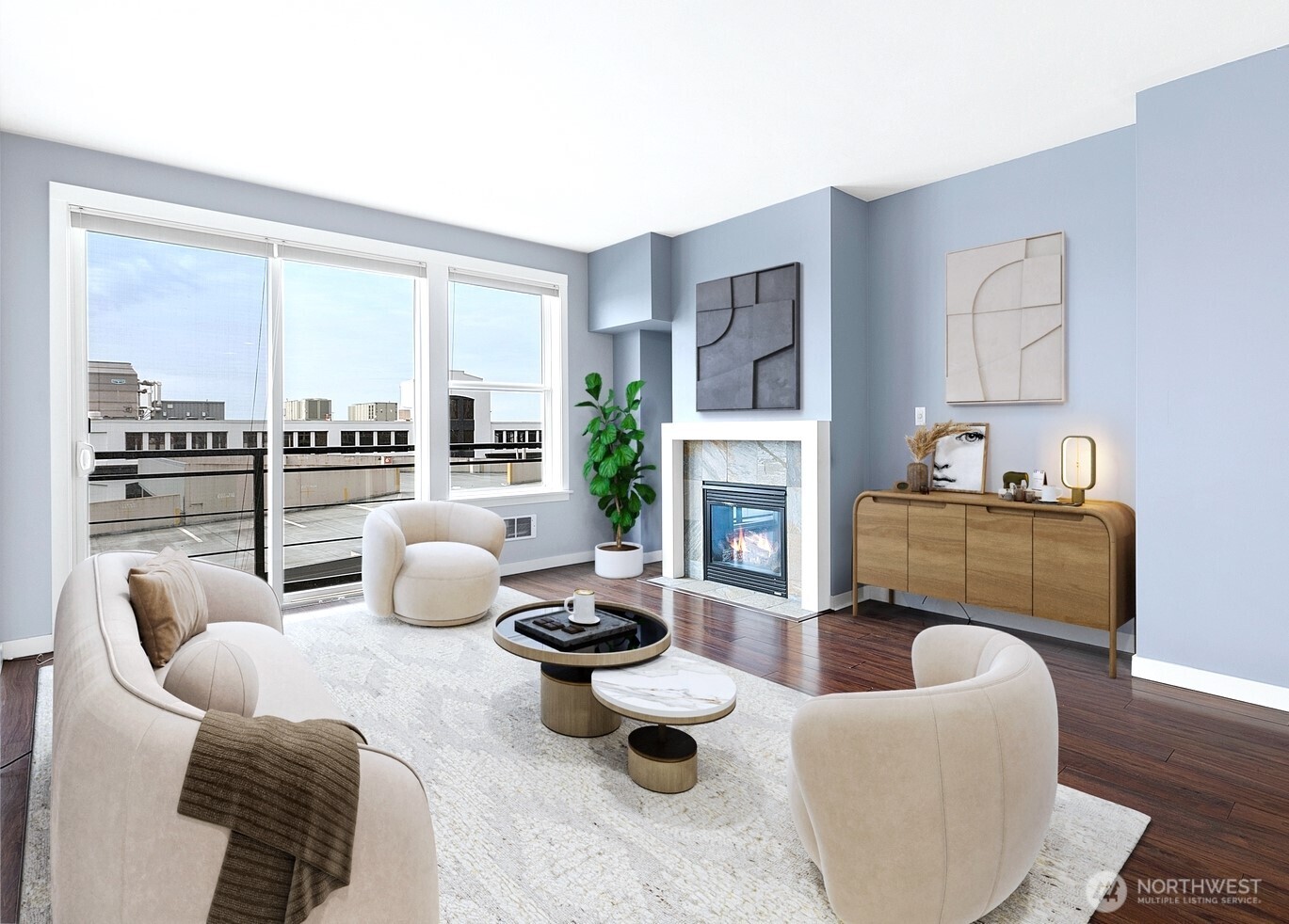 2607 Western Avenue, Unit 452 Seattle, WA 98121 - Photo 2 of 25 a living room with furniture and a fireplace