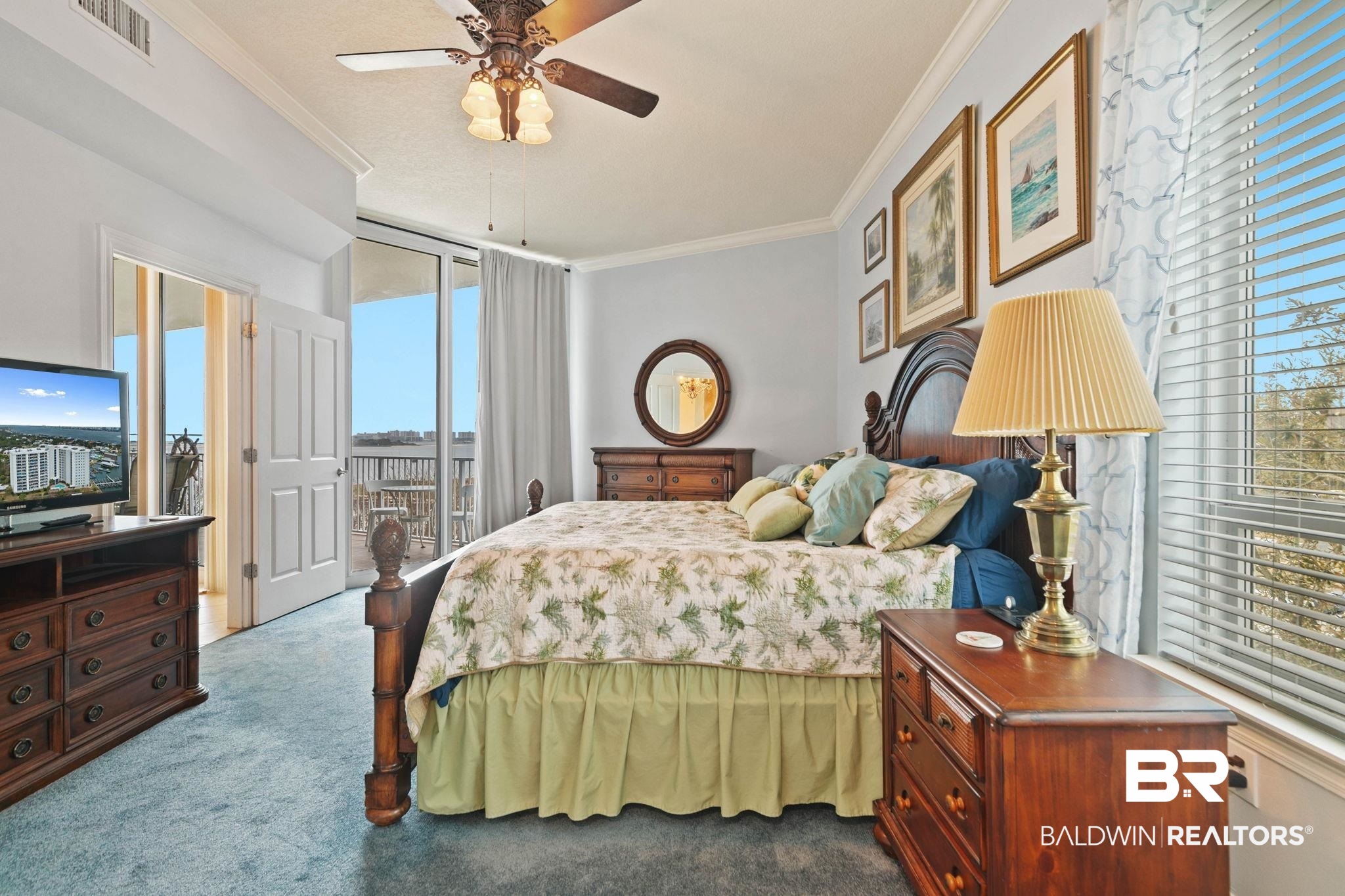 28250 Canal Road, Unit 208 Orange Beach, AL 36561 - Photo 27 of 53 Bedroom featuring crown molding, access to exterior, carpet floors, and ceiling fan