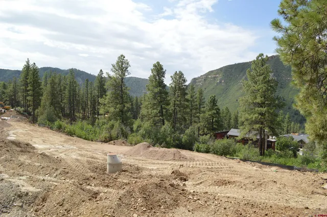 a view of dirt field with trees in the background