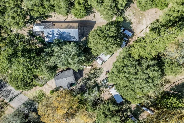 an aerial view of a house with a yard and plants