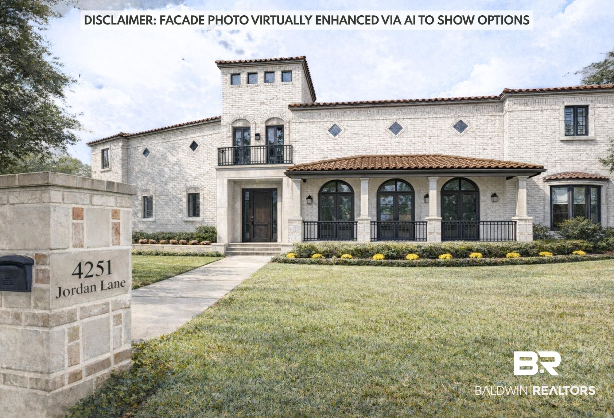 4251 Jordan Lane Mobile, AL 36608 - Photo 2 of 53 *AI Generated Facade - Mediterranean / Spanish house with brick siding, a front lawn, and a balcony