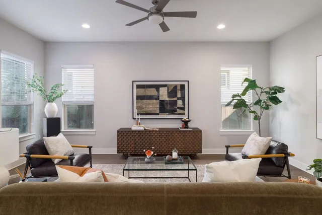 a living room with furniture and a potted plant