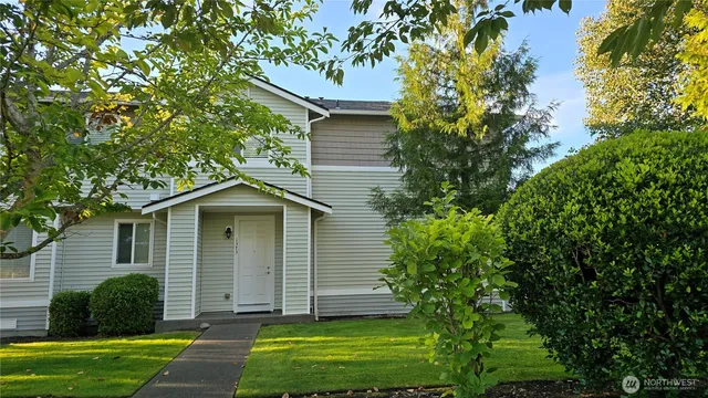 a view of a backyard with potted plants and large tree