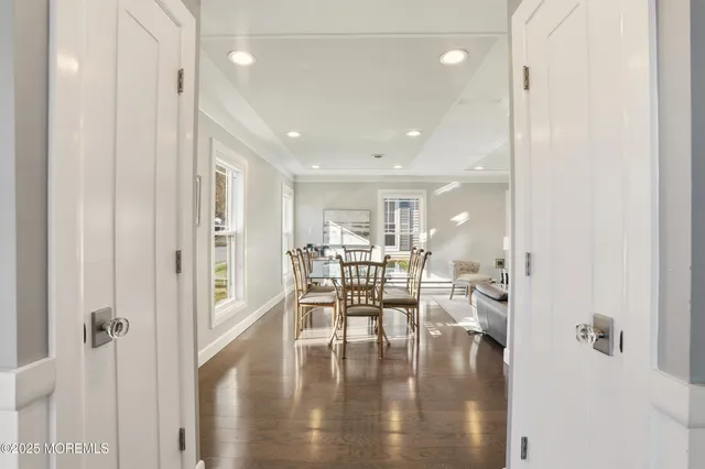 a view of dining room with lots of wooden furniture