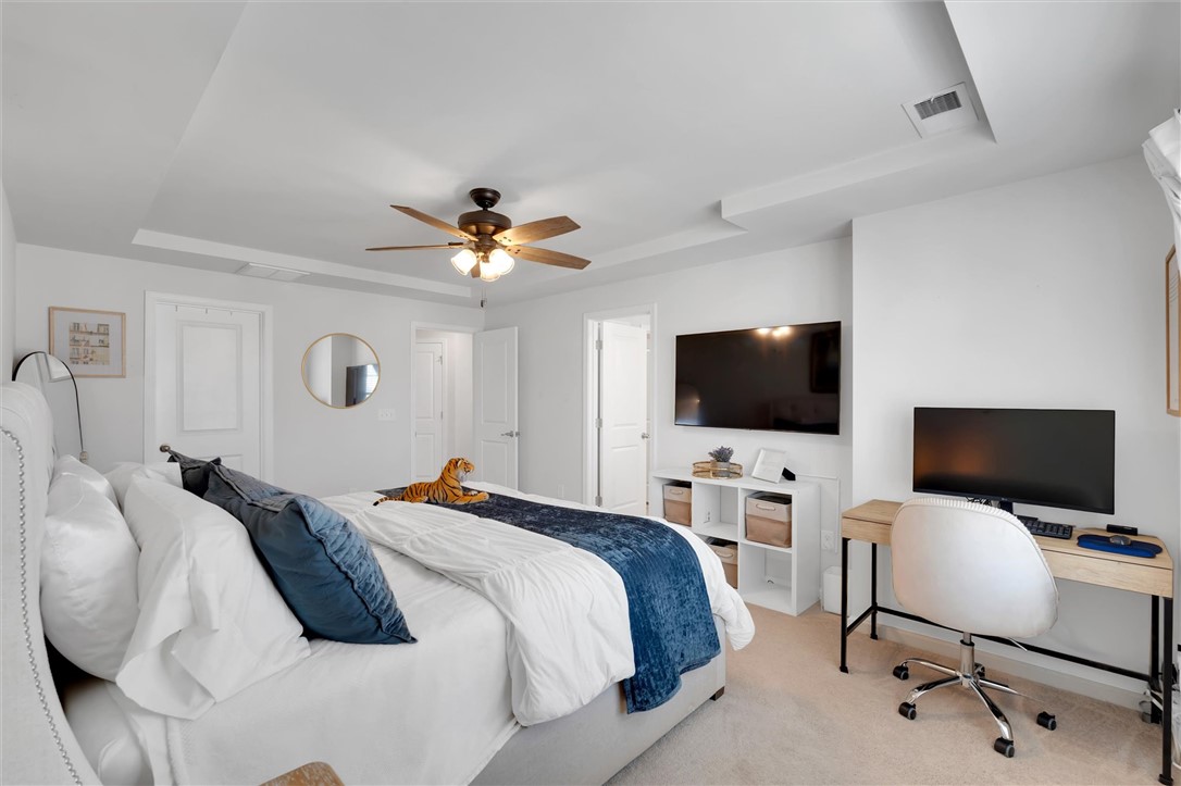 453 Bee Cv Way Pendleton, SC 29670 - Photo 14 of 25 A tranquil primary bedroom retreat features a walk-in closet, tray ceilings and plush carpet, perfect for peaceful slumber and ultimate comfort.