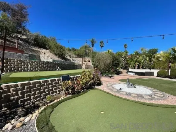 a view of a swimming pool with a yard