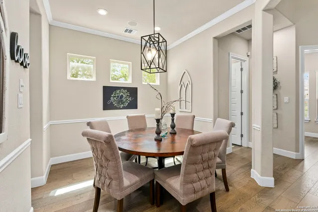 a view of a dining room with furniture