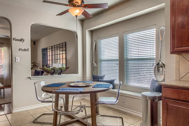 a view of a dining room with furniture and window