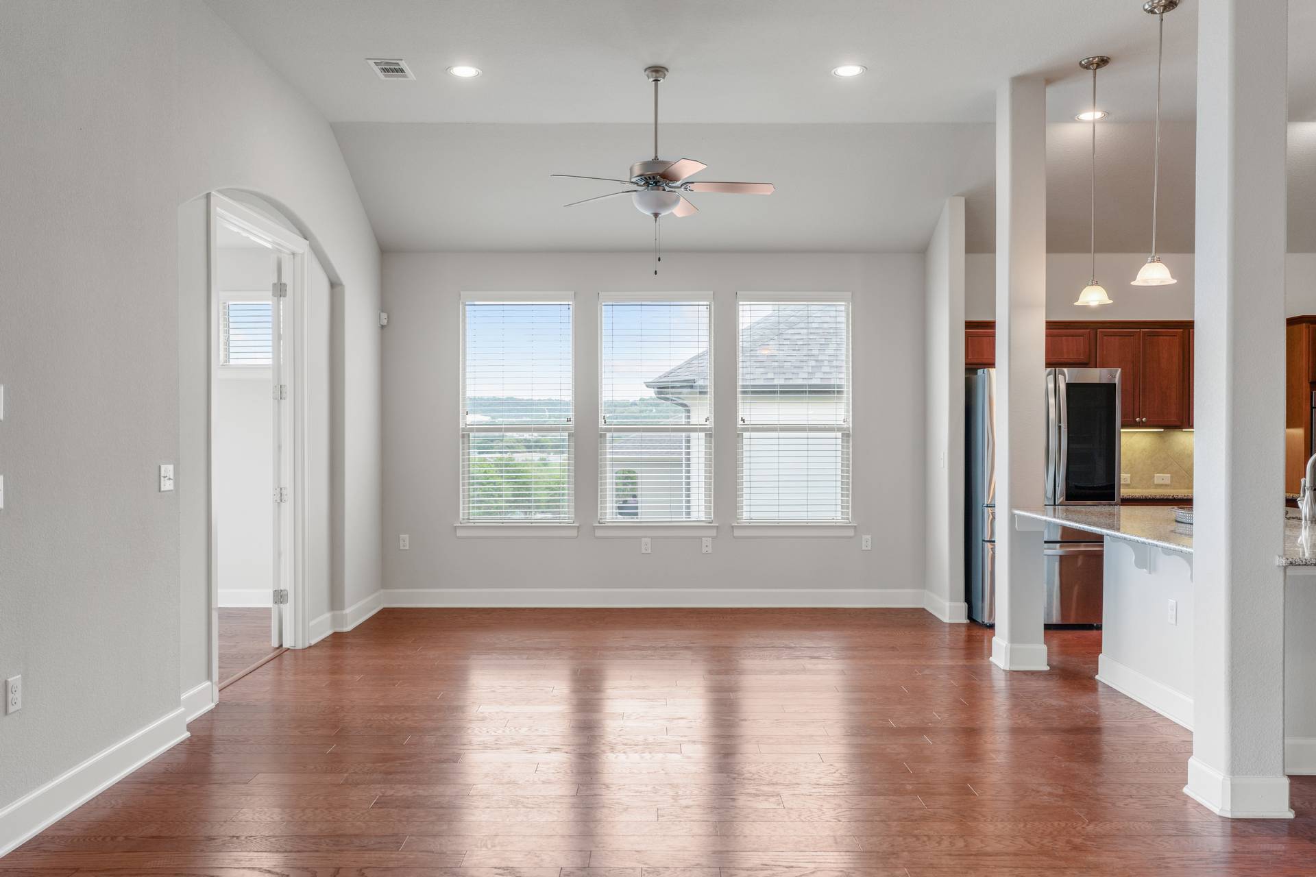 3516 Venezia View Leander, TX 78641 - Photo 8 of 40 living room featuring dark wood-type flooring, a ceiling fan, vaulted ceiling, arched walkways, and recessed lighting