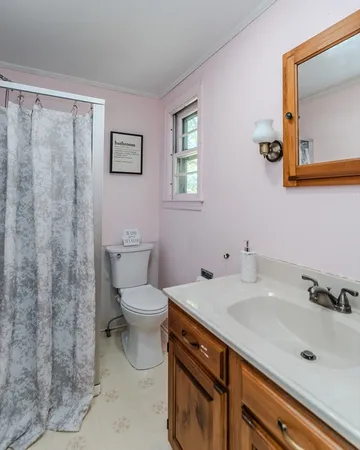 a bathroom with a sink a toilet and mirror