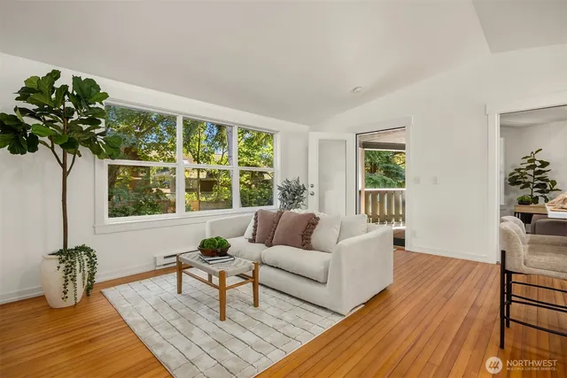 a living room with furniture and a potted plant